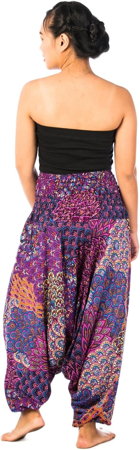 LOFBAZ Yoga Harem Pants for Women Boho Hippie Bohemian Clothing Womens Indian Beach Gypsy Clothes Maternity Genie Jumpsuit Peacock 1 Purple L - Image 3