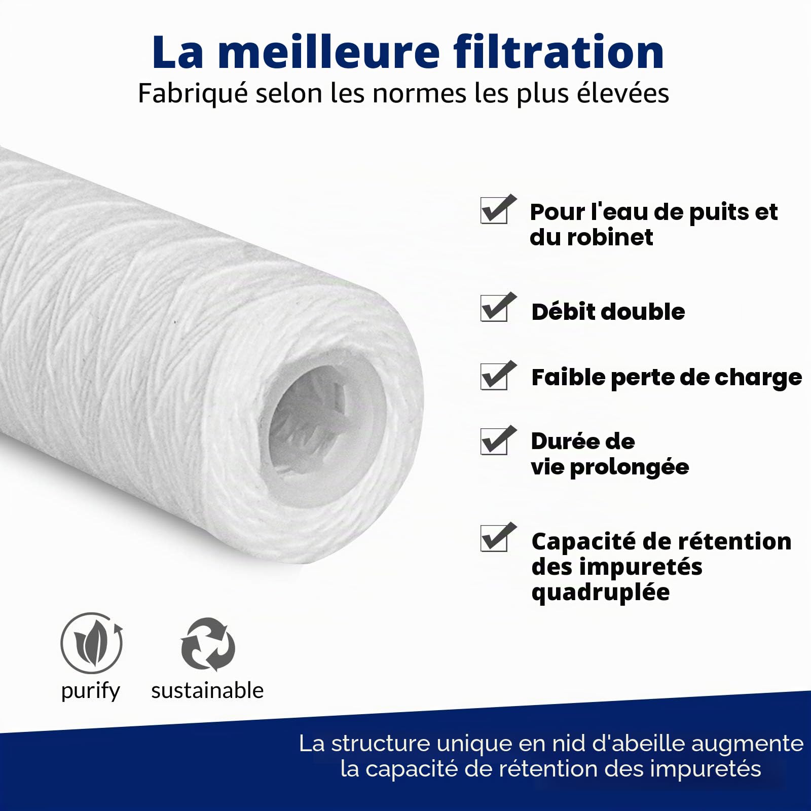 Membrane Solutions Cartouche de filtre à eau pour sédiments enroulés de 20 micron[6 Pack],pour l'osmose inverse, filtration de sédiments dans toute la maison, Taille standard 10 pouces, Lot de 6