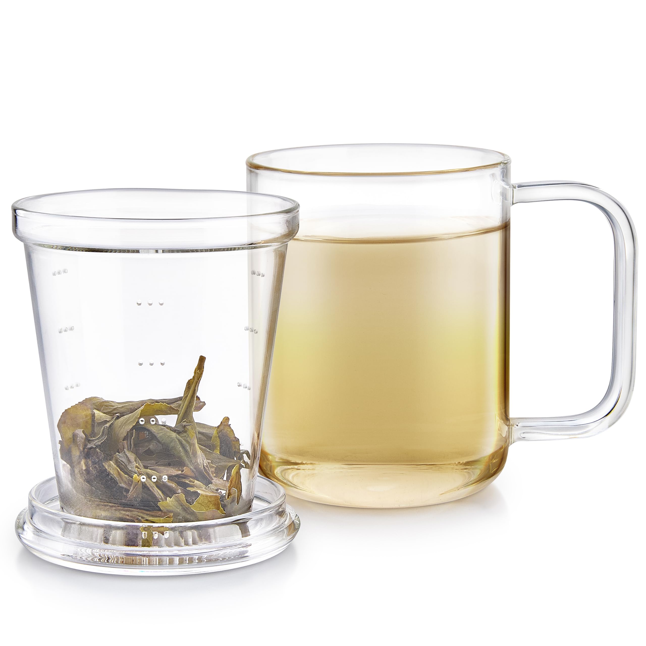 Teabloom Loose Tea Microdot Glass Mug with Lid – 12oz Single-Serve Borosilicate Glass Cup with Infuser for Hot and Cold Beverages