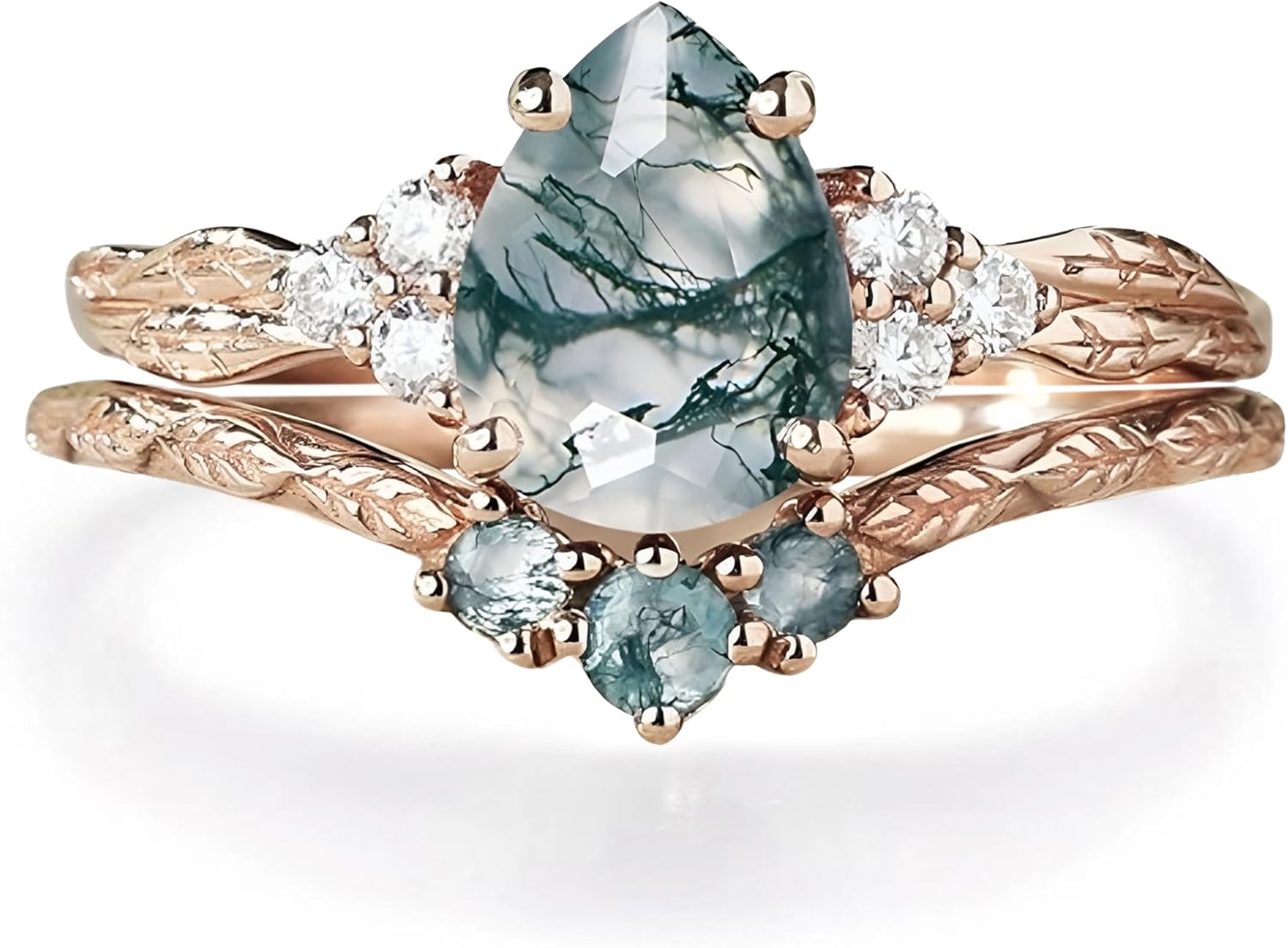 High-grade Natural Moss Agate Engagement Ring Set for Women 925 Sterling Silver 10K 14K 18K Gold Leaf Genuine Green Moss Agate Art Deco Bridal Promise Ring for Wedding Size4-12