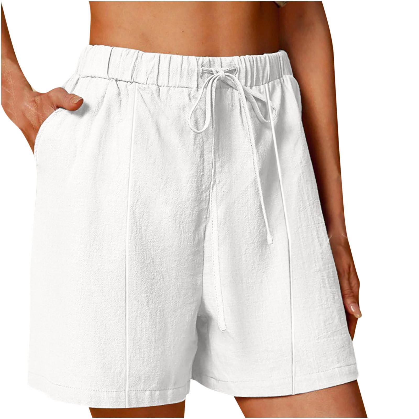 Cotton Linen Shorts for Women Drawstring Elastic Waisted Sweat Short Wide Leg Loose Pants Lightweight Summer Clothes(White,X-Large)