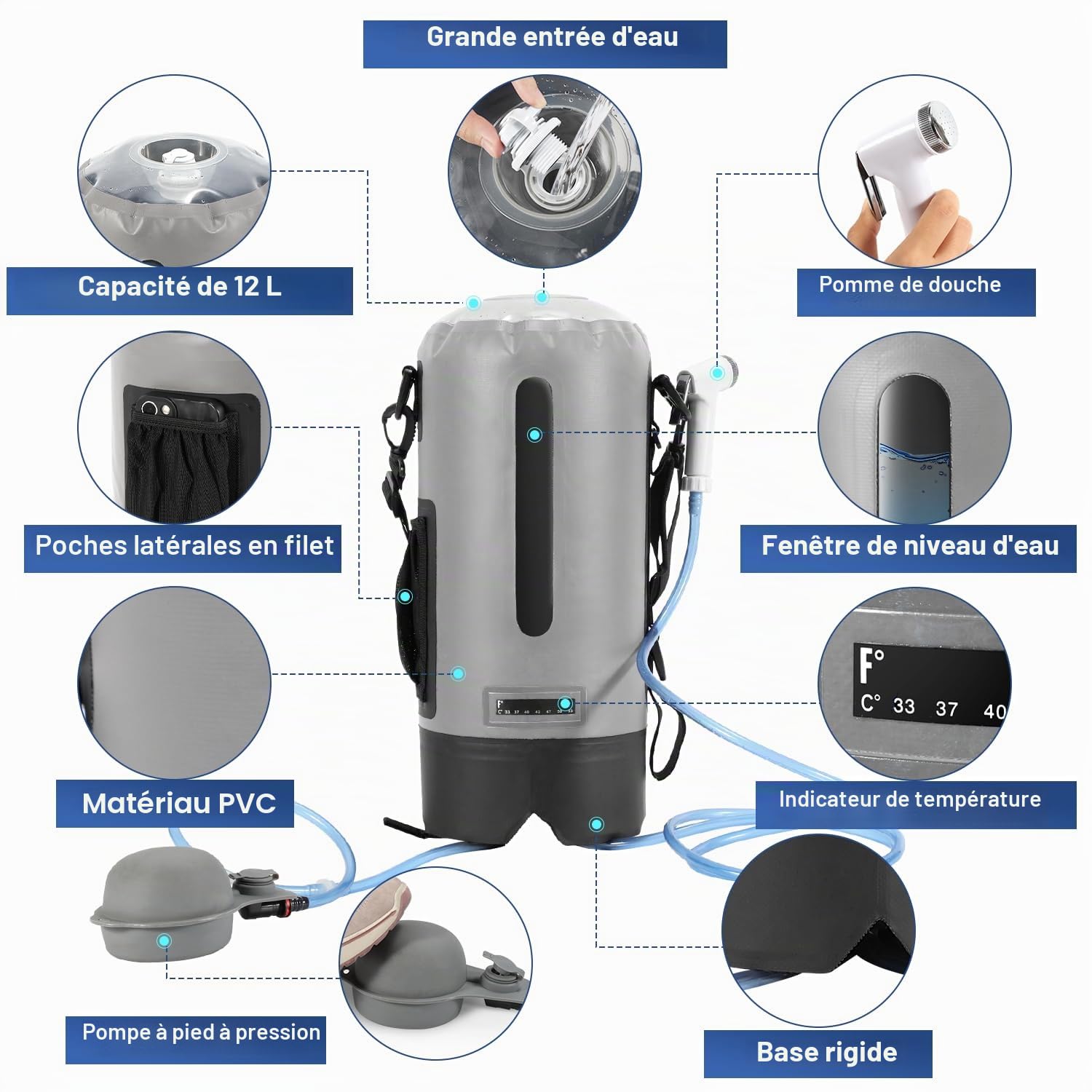 Douche de camping portable de 12 l avec pompe à pied à pression, indicateur de température, douche portable pour le camping avec sac de rangement et bandoulière, convient pour l'extérieur