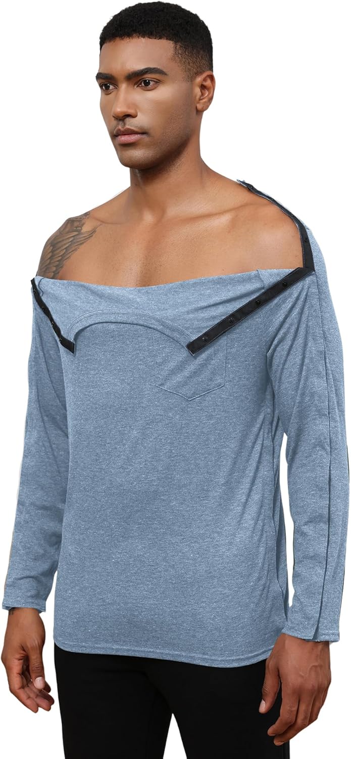Poriff Unisex Post Shuolder Surgery Shirts for Recovery Full Tear Away Snap Long Sleeve Men Chemo Port Shirts for Women - Image 2