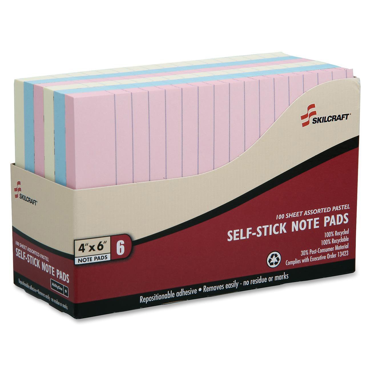 Skilcraft 4" x 6" SelfStick Note Pads 100 Sheet Assorted Pastel Line