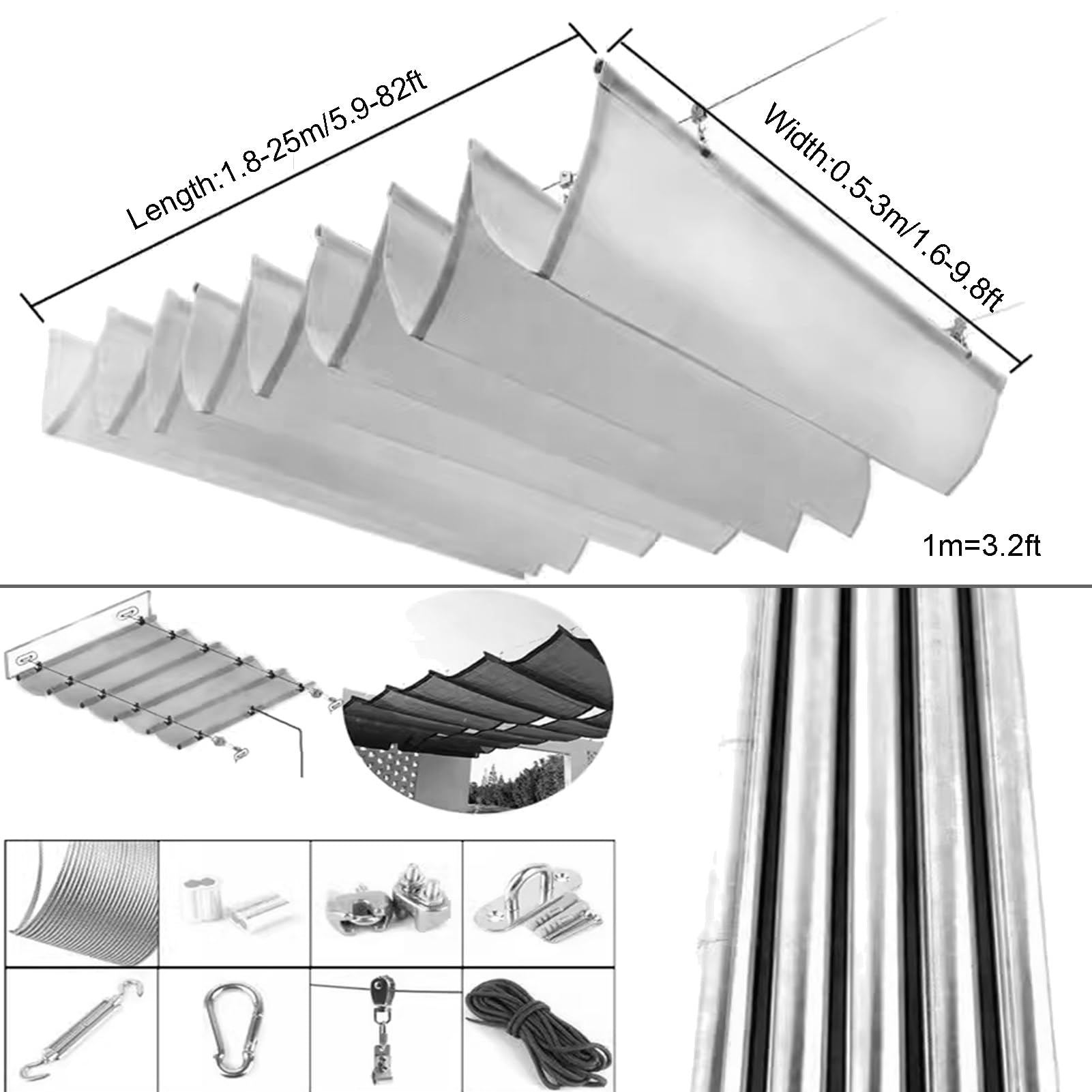 XILYZMO Einziehbar Welle Sonnensegel, Einziehbar Sonne Schattendach, Edelstahlstange Welle Pavillon Schattenabdeckungen, Draussen Gleiten Herunterhängen Überdachung (Farbe : Weiß, Größe : 1.8x6m) Garten