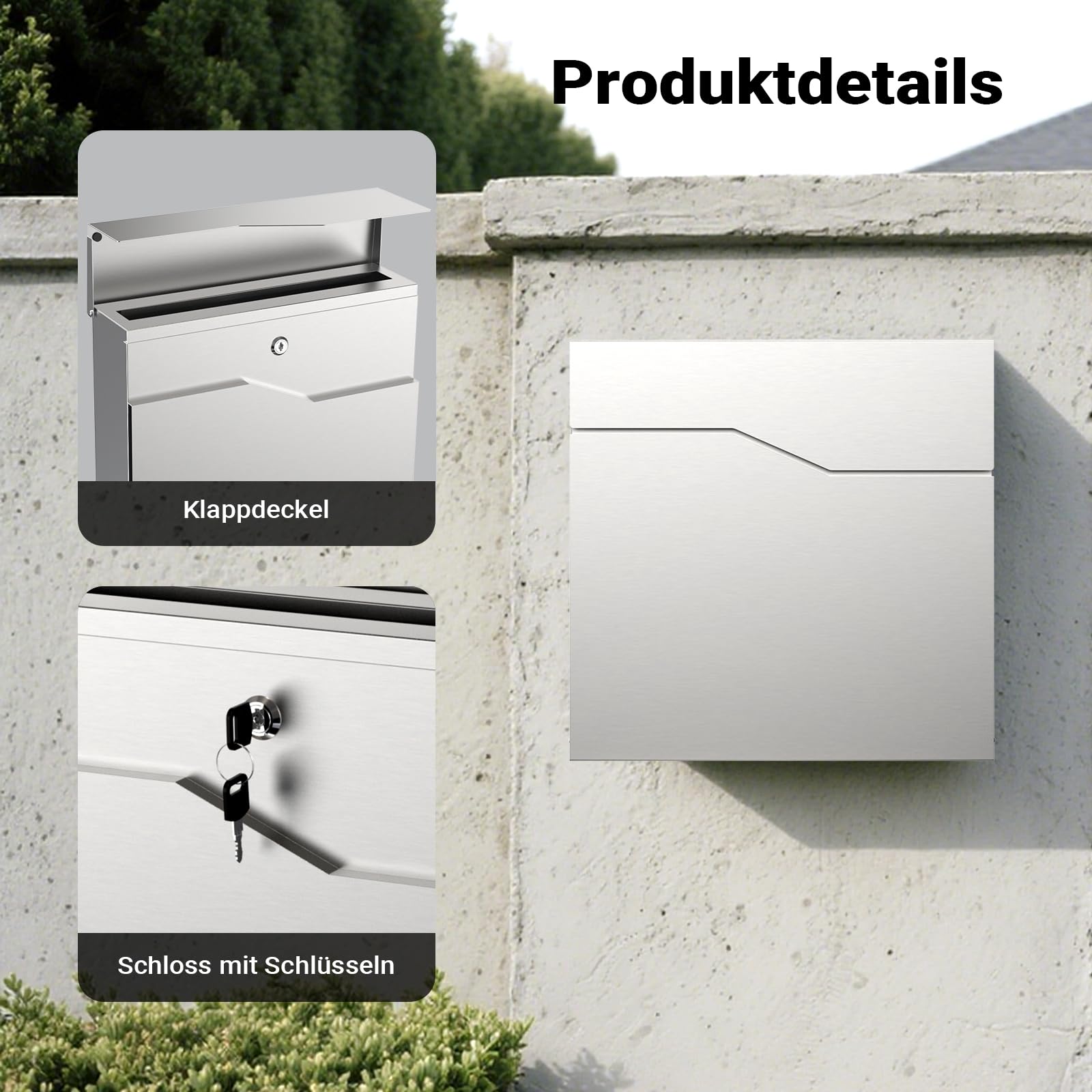 Wiltec Designer Briefkasten V19 Edelstahl 370 x 102 x 370 mm, Wandbriefkasten mit Schloss und Zeitungsrolle, Postkasten aus Stahl