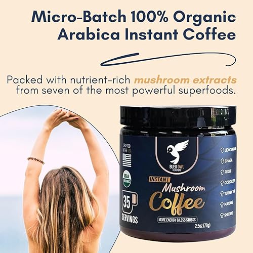 Miniatura 3 de Bleu Owl Instant Organic Mushroom Coffee - 7 Superfood Mushrooms for Gut Health Energy & Clarity - Arabica 35 servings, 2.5oz. - Lions Mane Chaga