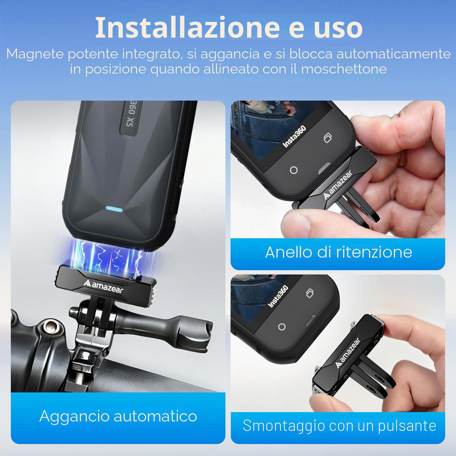 AMAZEAR Supporto magnetico per Insta360 X5/X4 Air (2 pcs), Insta 360 X5 / Ace Pro 2 Supporto magnetico a sgancio rapido- Adattatore QR in Plastica con Filettatura 1/4"-20, Costruzione in Plastica