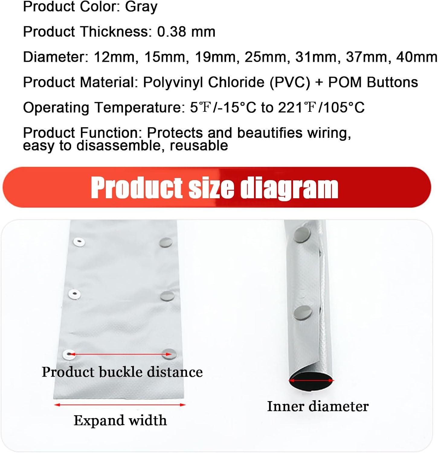 Gray Snap Button PVC Cable Wrap Sleeve, Flame-Retardant Reusable Cable Management, 0.38 Mm Thickness for Home Office Server Wiring, Reusable Split Cable Protector(12mm,25FT)
