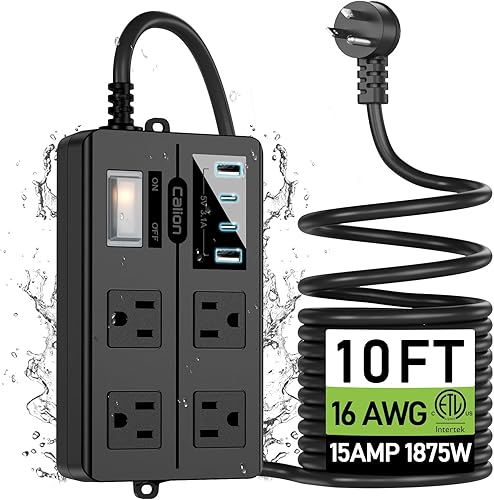 Miniatura 1 de Tira de alimentación IPX6 para exteriores resistente a la intemperie, cable de extensión para exteriores de 10 pies, múltiples salidas con puertos