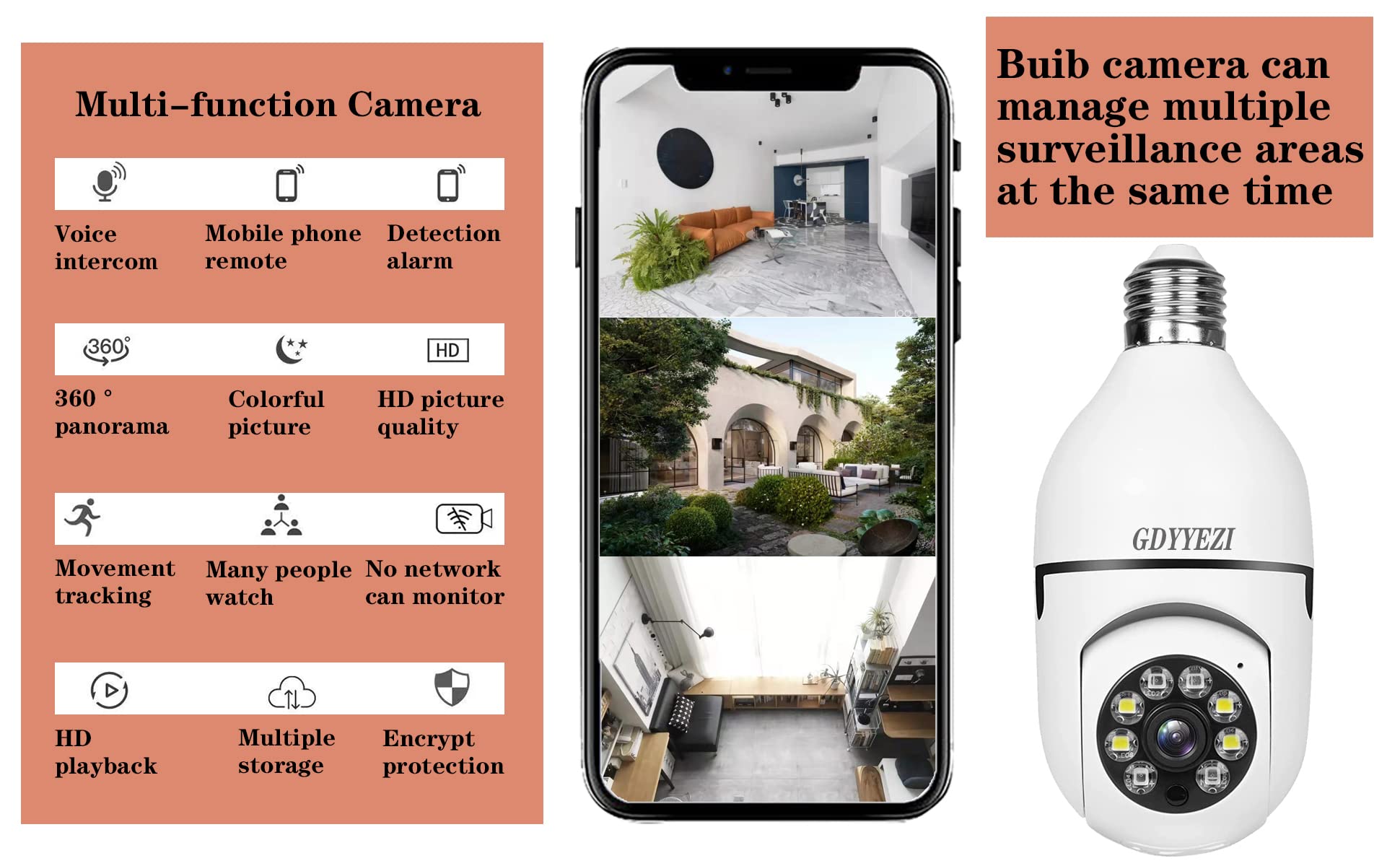 MBVBN Lot de 2 caméras de sécurité à ampoule WiFi sans fil - Caméra panoramique 360° Full HD 1080p - Caméra de surveillance dôme HD - Vision nocturne - Pour maison, bébé, animal domestique