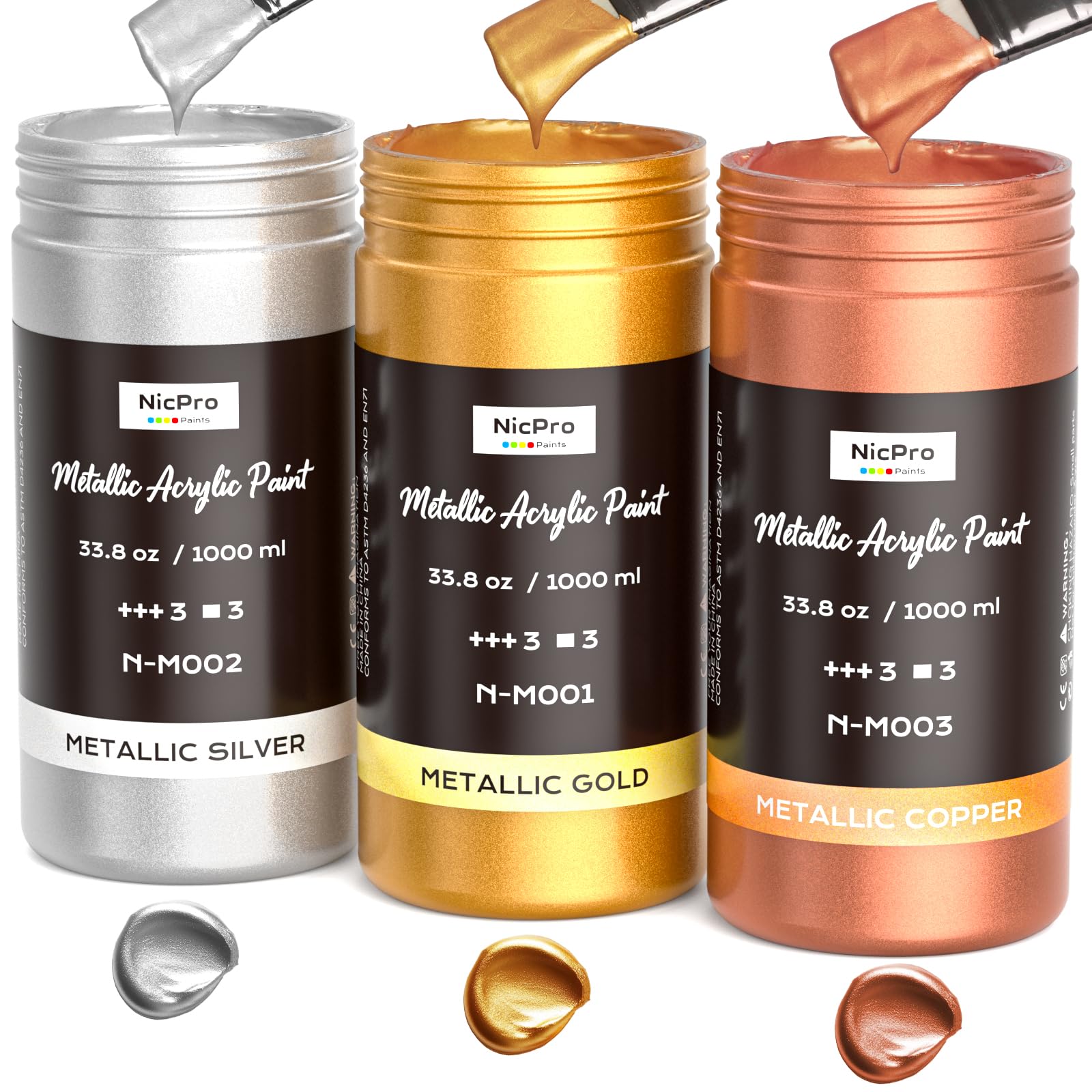 Nicpro Large Acrylic Paint Metallic, 3 Colors Gold, Silver, Copper 101.4oz/3000ml Gold Leaf Paint, Non Toxic, Non Fading for Art Painting, Handcrafts,