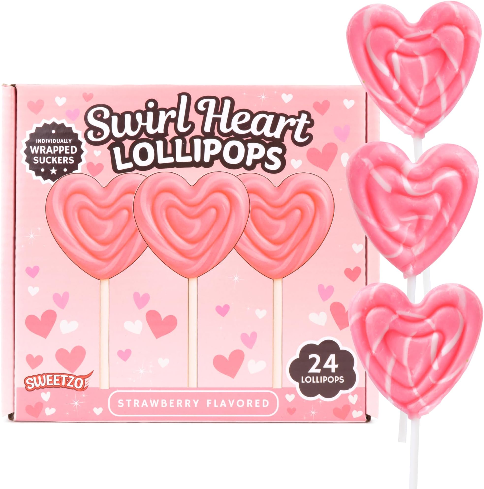 Heart Swirl Lollipops, Individually Wrapped Suckers, Valentine's Day Candy, Strawberry Flavored - 24 Pieces