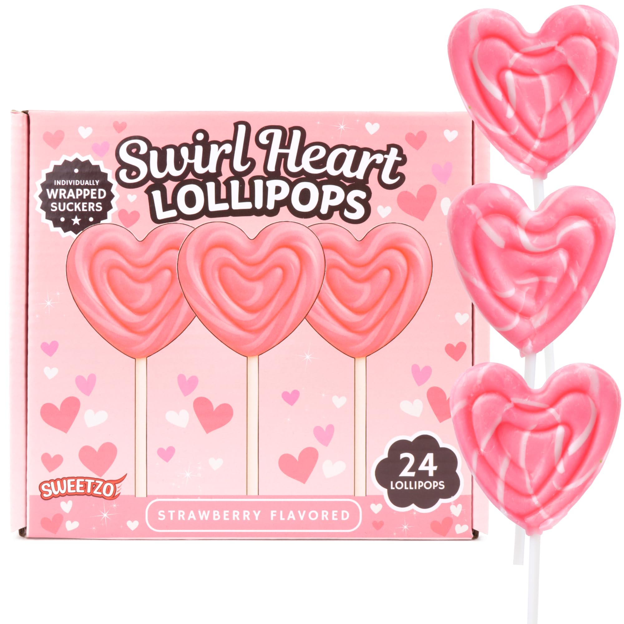 Swirl Lollipops, Individually Wrapped Suckers, Valentine's Candy, Strawberry Flavored - 24 Pieces (Pink Heart)