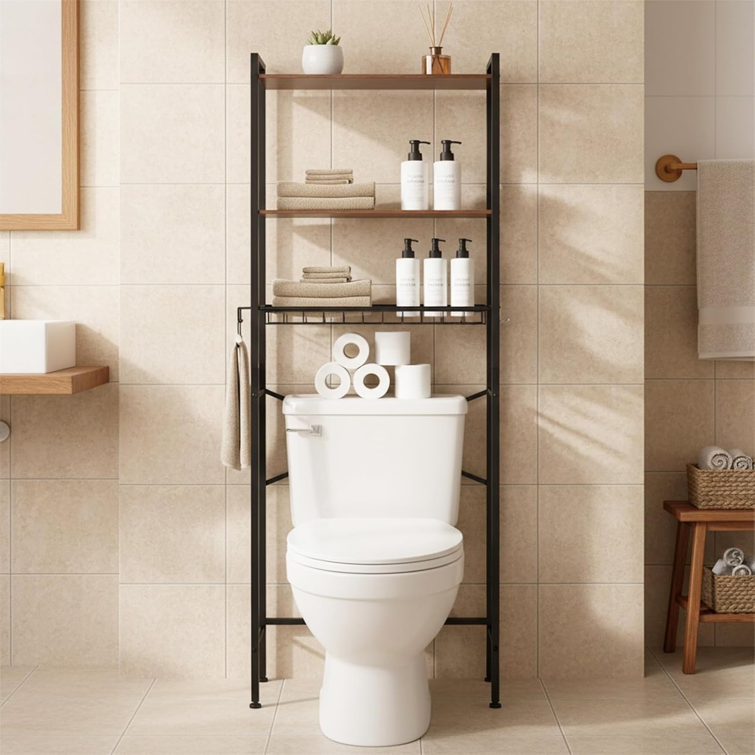 Over-The-Toilet Storage Shelf,3-Tier Bathroom Organizer Cabinet Rack and Storage Over Toilet with Basket,Multifunctional Space Saver Freestanding Bathroom Shelves