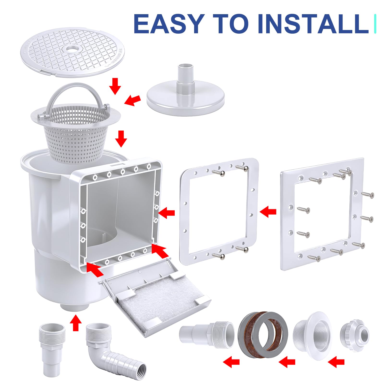 efuturetime 9 Piezas Juego de Skimmer Piscina, Cesta Grande para Skimmer, Boquilla de Entrada, Conexión de Manguera de 32/38 mm para Piscinas de Acero y Elevadas, Blanco