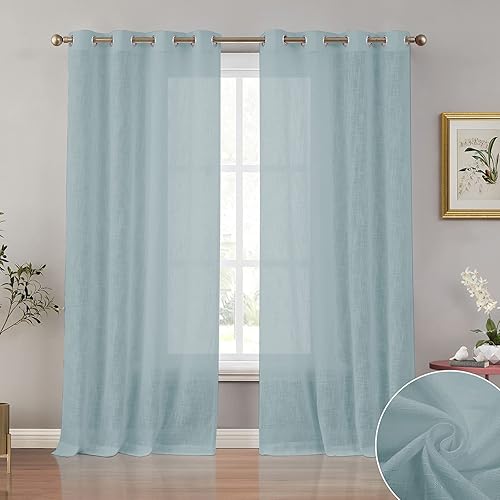 Melodieux Cortinas semitraslúcidas con textura de lino aguamarina de 84 pulgadas de largo para sala de estar, dormitorio, cortinas de gasa de lino