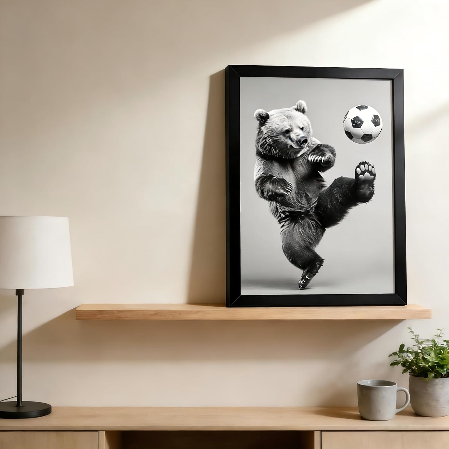Framed Bear Playing Soccer Wall Art, Funny Animal Football Canvas Print, Solid Wood Frame Sports Poster, Whimsical Wall Decor for Man Cave Boys Bedroom Game Room Bar image 5