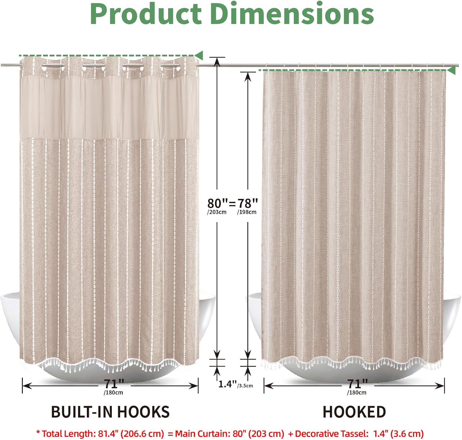 No Hook Long Shower Curtain Set with Snap-in Fabric Liner,Linen Textured Thick Striped Fabric with Tassels,Boho Farmhouse Rustic Luxury Bathroom Curtain,Water-Repellent,Tan/Taupe,71x80