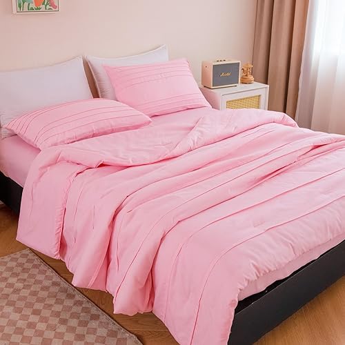 Miniatura 8 de ZRNBAST Juego de edredón rubor de cama en una bolsa, tamaño Queen, ropa de cama plisada con textura rosa con sábanas, estilo granja, edredón