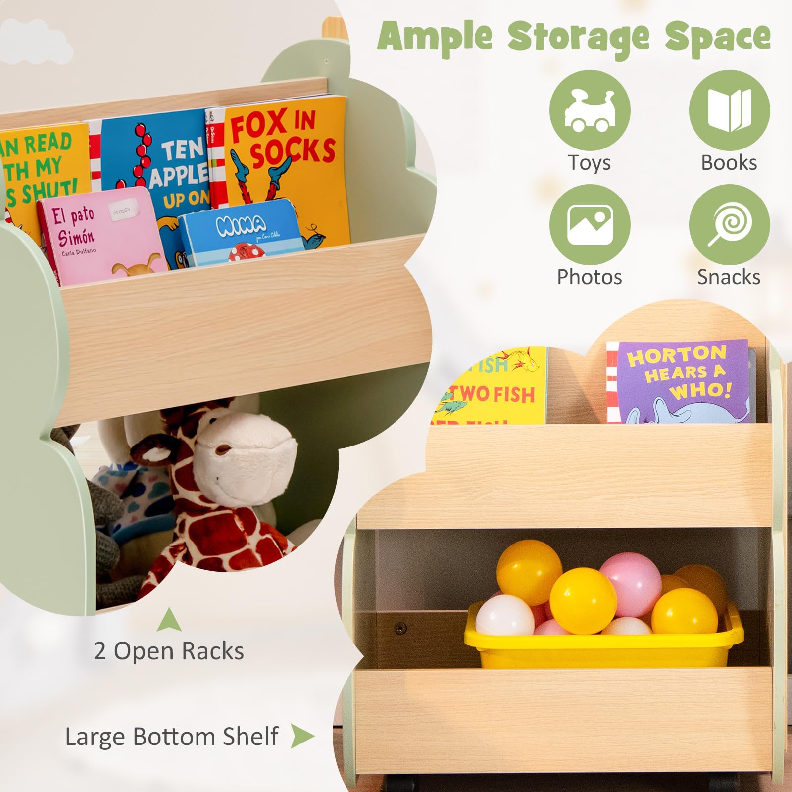 RELAX4LIFE Libreria per Bambini con Ruote, Carrello Porta Libri e Giocattoli in Legno, Libreria Scaffale a 2 Ripiani per Camerette e Asili, 46 x 52 x 63 cm (Verde, Albero)