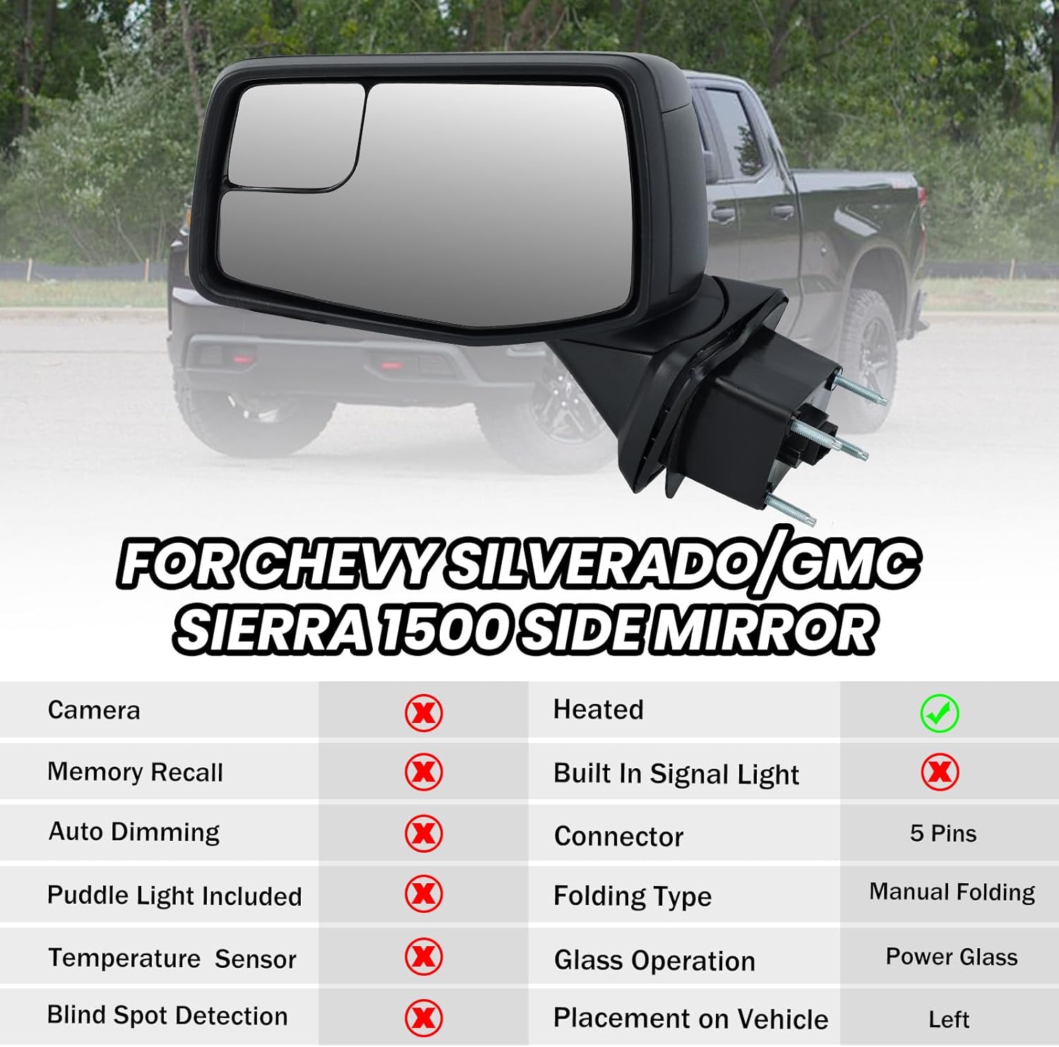 Driver Left Side Door Mirror for 2019 2020 2021 2022 2023 Chevrolet Silverado 1500 /GMC Sierra 1500 Mirros with Power and Heated Glass