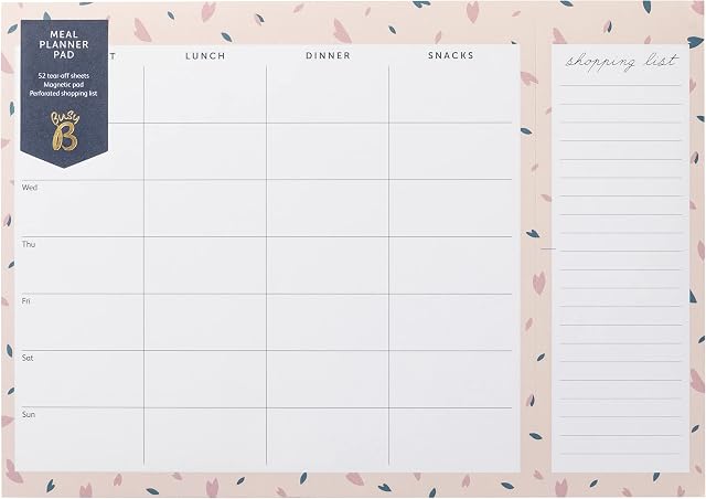 Busy B Meal Planner Pad - Weekly tear-off meal planner pad and shopping lists with magnets - Pink