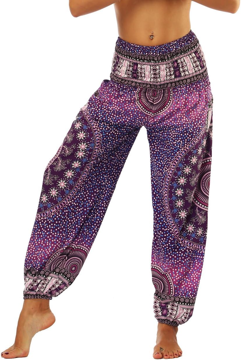 Women's Harem Hippie Pants Baggy Boho Patterned High Waist Smocked Waist Thin with Pockets Lounge Trousers for Yoga Summer Beach