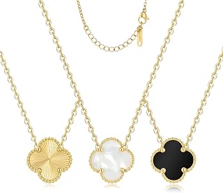 Real 18K Gold Plated Necklaces for Women (3 PCS) Dainty Pendant Necklaces Set for Women (Better Tarnish & Water Resistant) Trendy Four Leaf Cute Lucky Clover Gifts for Woman, Black White Gold