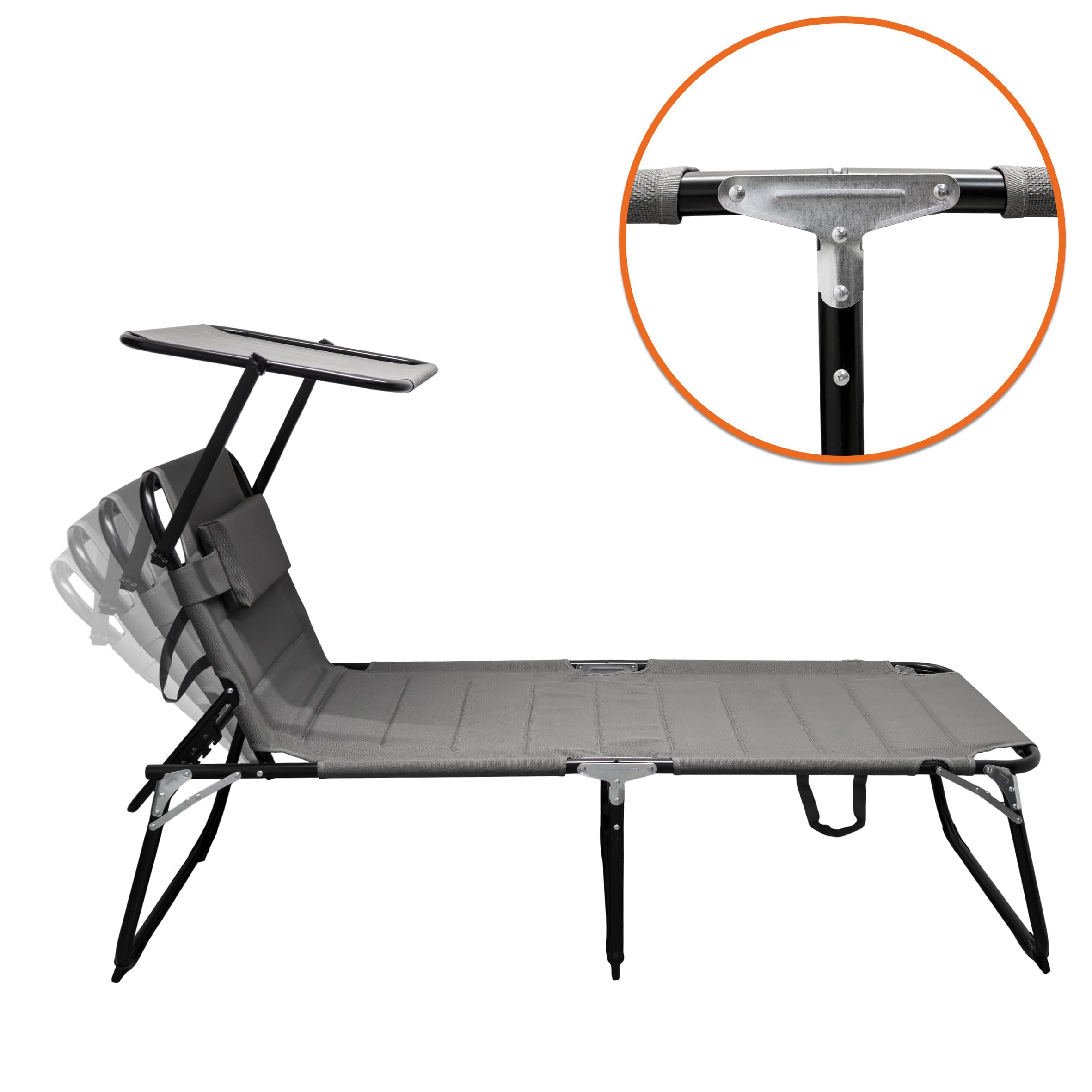 Spetebo XXL Aluminium Gartenliege mit Sonnendach - 200 x 70 cm - Grau | Sonnenliege gepolstert, mit Kopfkissen, Relax Garten Sonnen Liege, breite Liegefläche