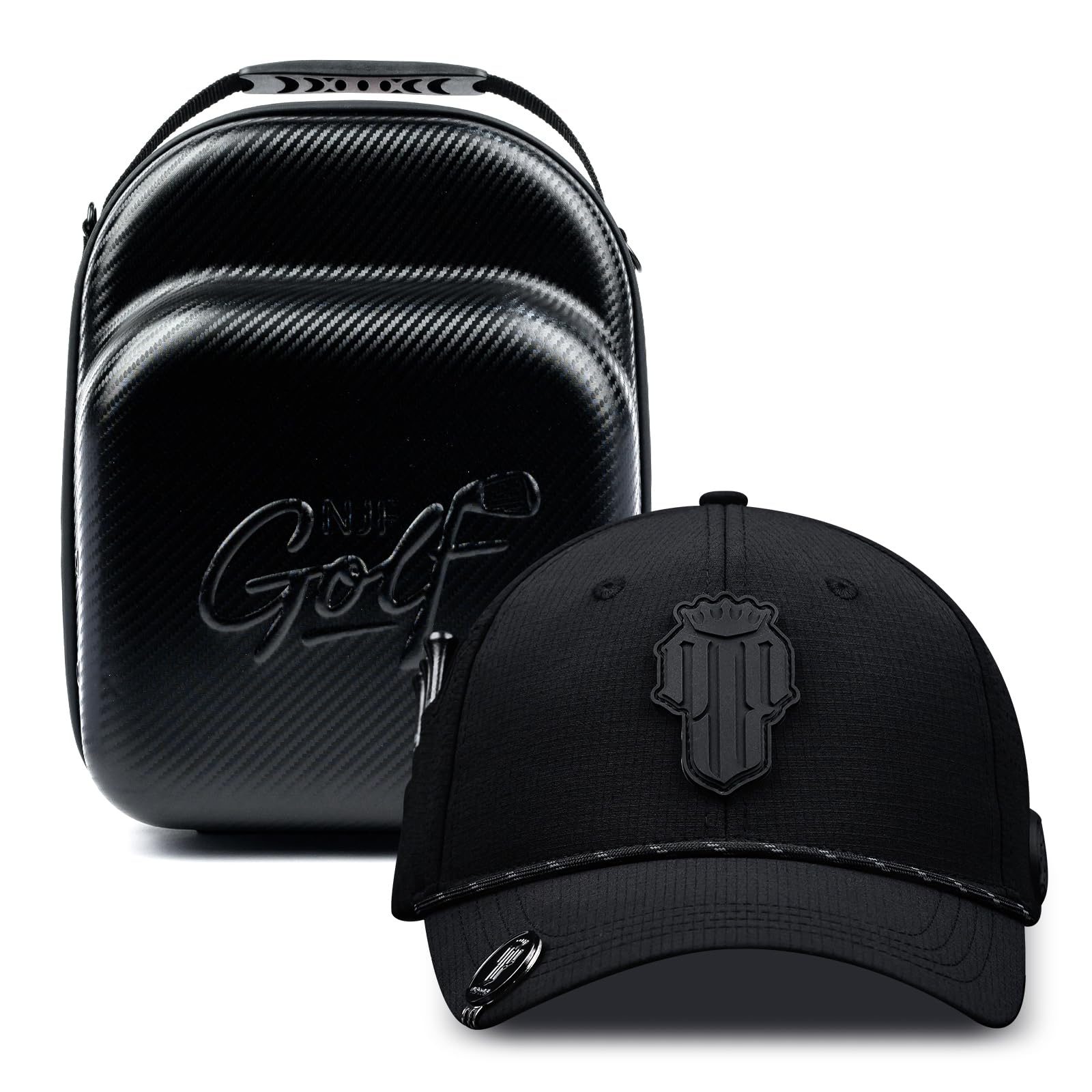 NJF Golf Hat Carrier Bag with Men Phantom PRO X Black Cap, Faux Carbon Fiber Box Hats Storage, Hard Shell Caps Holder for Protection, Carrier Hat Organizer Bag, Adjustable Strap Hard Travel Case
