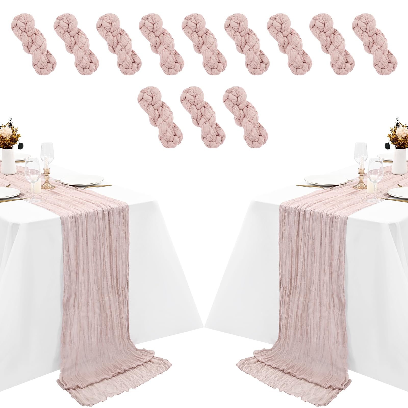 Paquete de 12 caminos de mesa de gasa rosa polvoriento, 35 x 120 pulgadas, 10 pies, camino de mesa rústico bohemio para boda, despedida de soltera, graduación, banquete, decoración de mesa