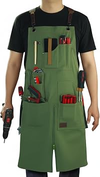 Woodworking Apron, Tool Apron, Canvas, Multiple Pockets, Adjustable Zipper, Metal Ring, Tape Measure Clip, Plus Size, Olive