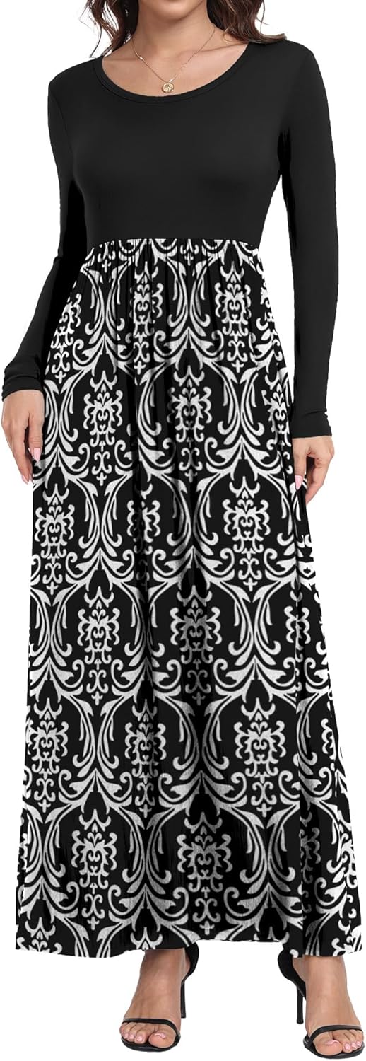 Women's Long Sleeve Loose Plain Long Maxi Casual Dresses with Pockets (Black White, X-Large) - Image 2