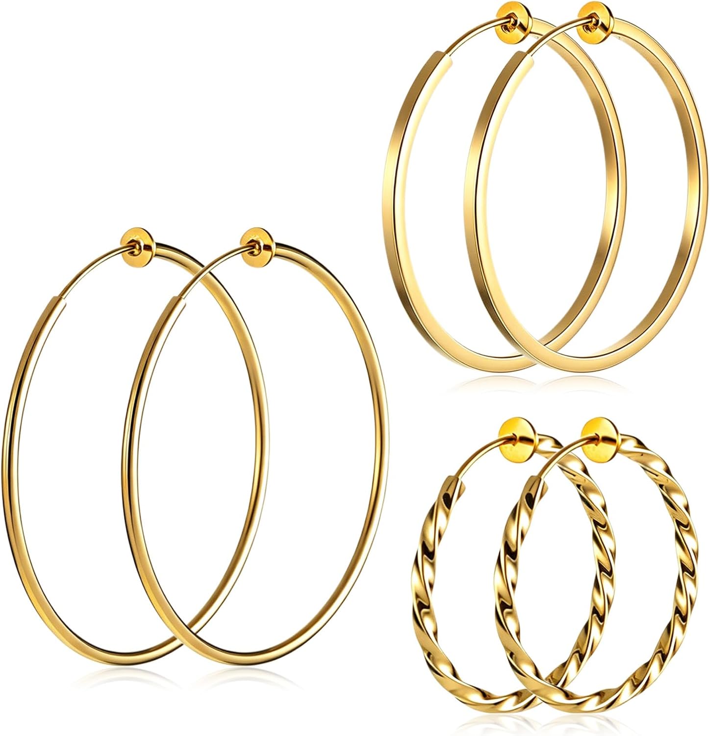 3Pairs Clip on Hoop Earrings for Women, Large Clip on Gold Earrings, Stainless Steel Non Pierced Earring Fake Hoop Earring