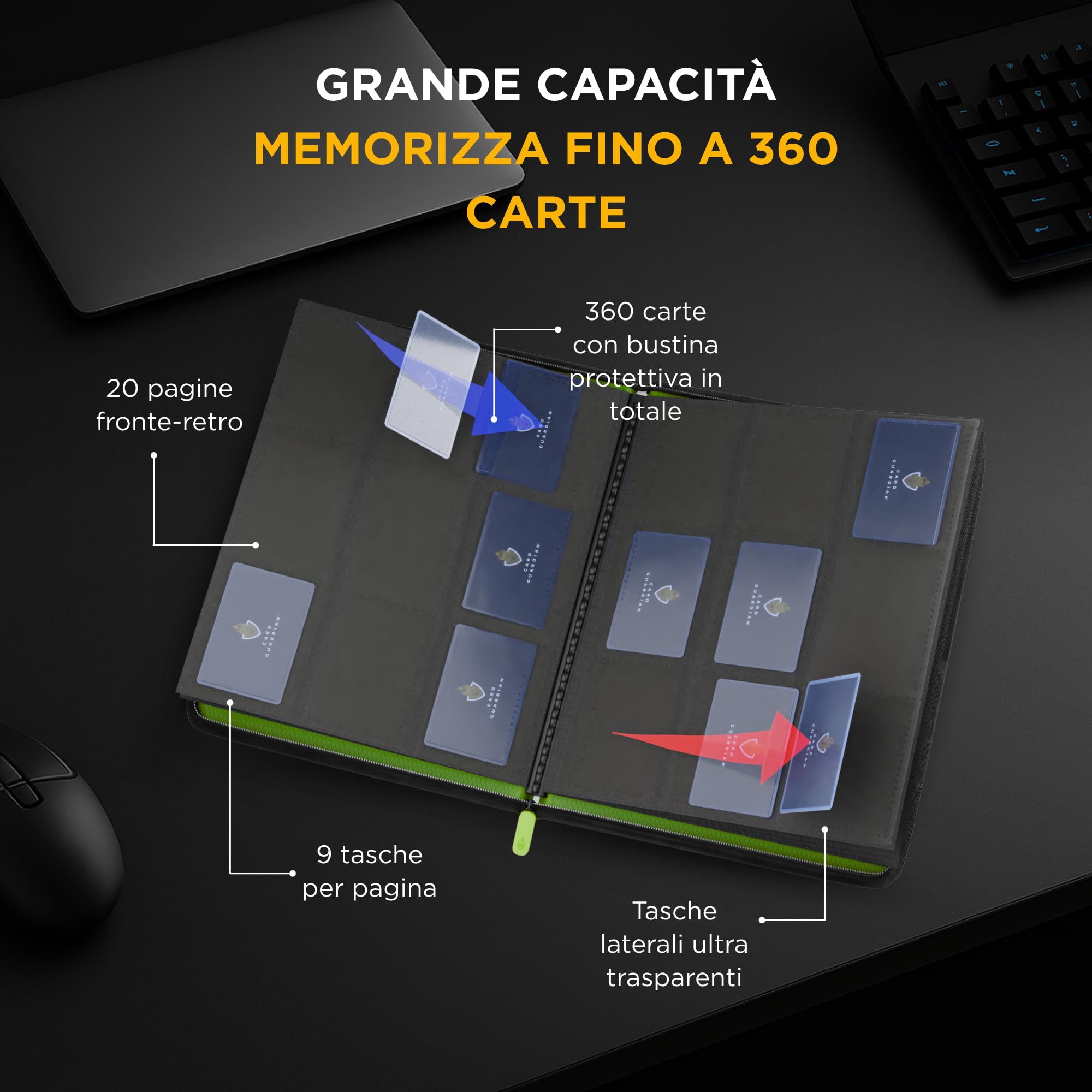 Card Guardian - Raccoglitore Premium 9 tasche con cerniera per 360 carte - Tasche di caricamento laterali per giochi di carte collezionabili TCG (Verde Lime)