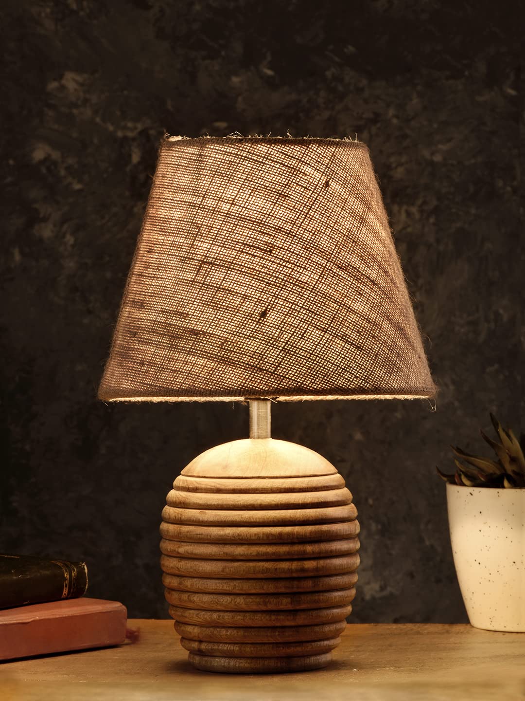 Green Girgit Striped Wooden Brown Lamp with Brown Jute Shade