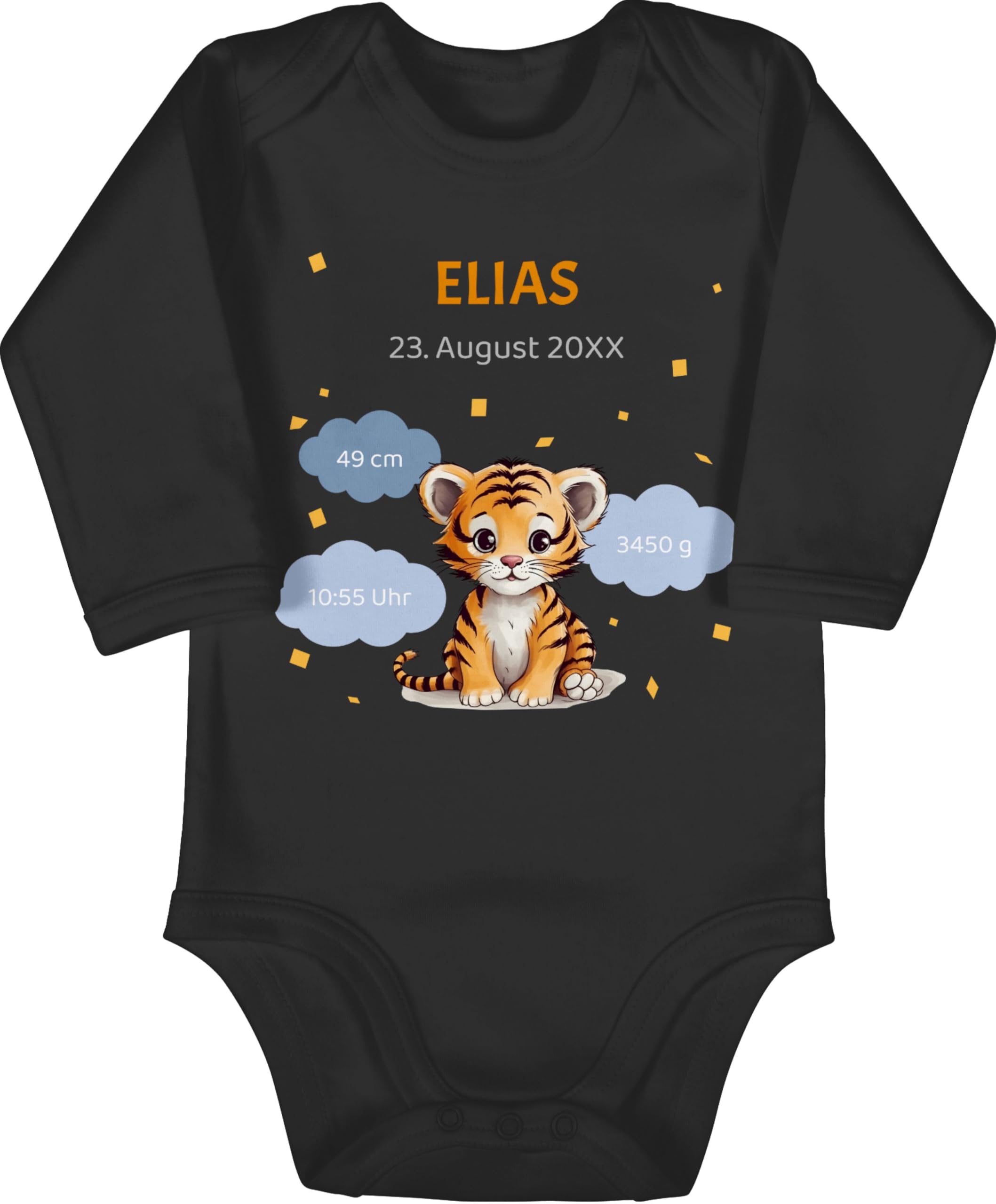 Geschenk mit Namen personalisiert by Shirtracer - Baby Body langarm Mädchen Junge - Geschenk personalisiert mit Geburtsdaten I Geschenke zur Geburt Daten