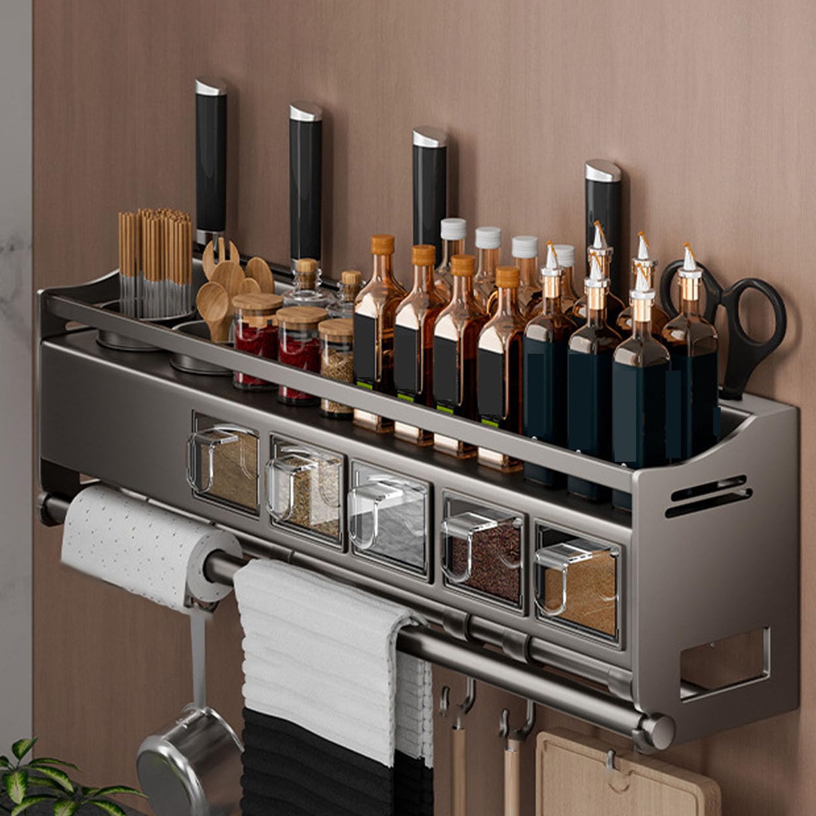 23in,Especieros para Cocina, ​Estantería de Especiero de Pared Sin Taladrar, Organizador Cocina con Caja de Especias y Ganchos, Organizador De Especias Cocina para Especias