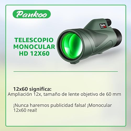 Vista 3 de Pankoo - Telescopio monocular HD de 12x60 para adultos de alta potencia Viene con adaptador para smartphone, trípode y correa de mano Adecuado