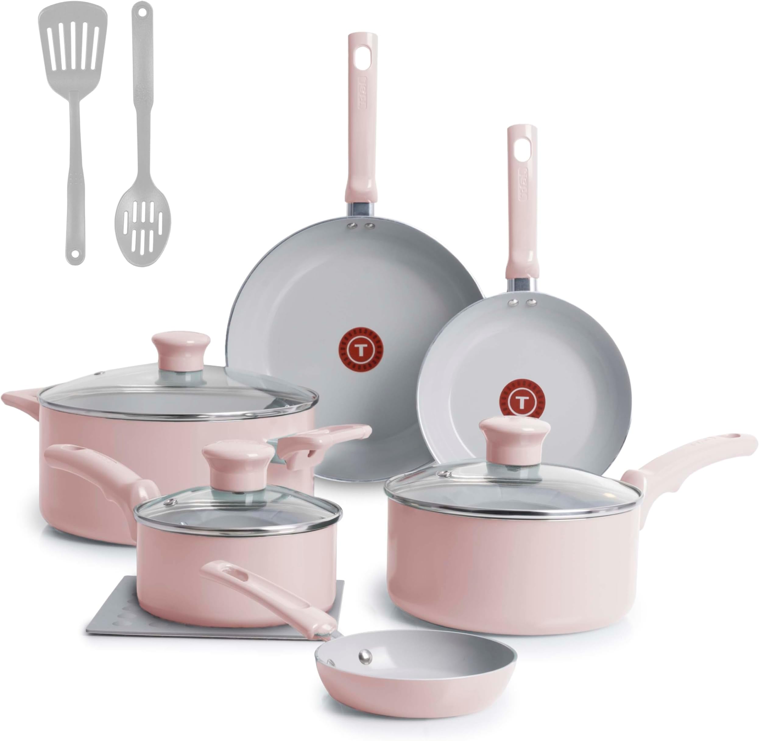 Refresh Ceramic Nonstick Cookware Set, 12-Piece Ceramic Pots and Pans Set, Oven Safe to 350°F, Includes Stockpot, Griddle, Frying Pans, & Utensils, Dusty Rose