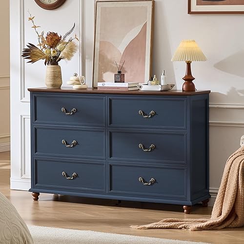 Miniatura 26 de Mesita de noche de estilo granja con estación de carga, mesa auxiliar de 61 cm de ancho con 2 cajones, cómoda azul para dormitorio, cómoda