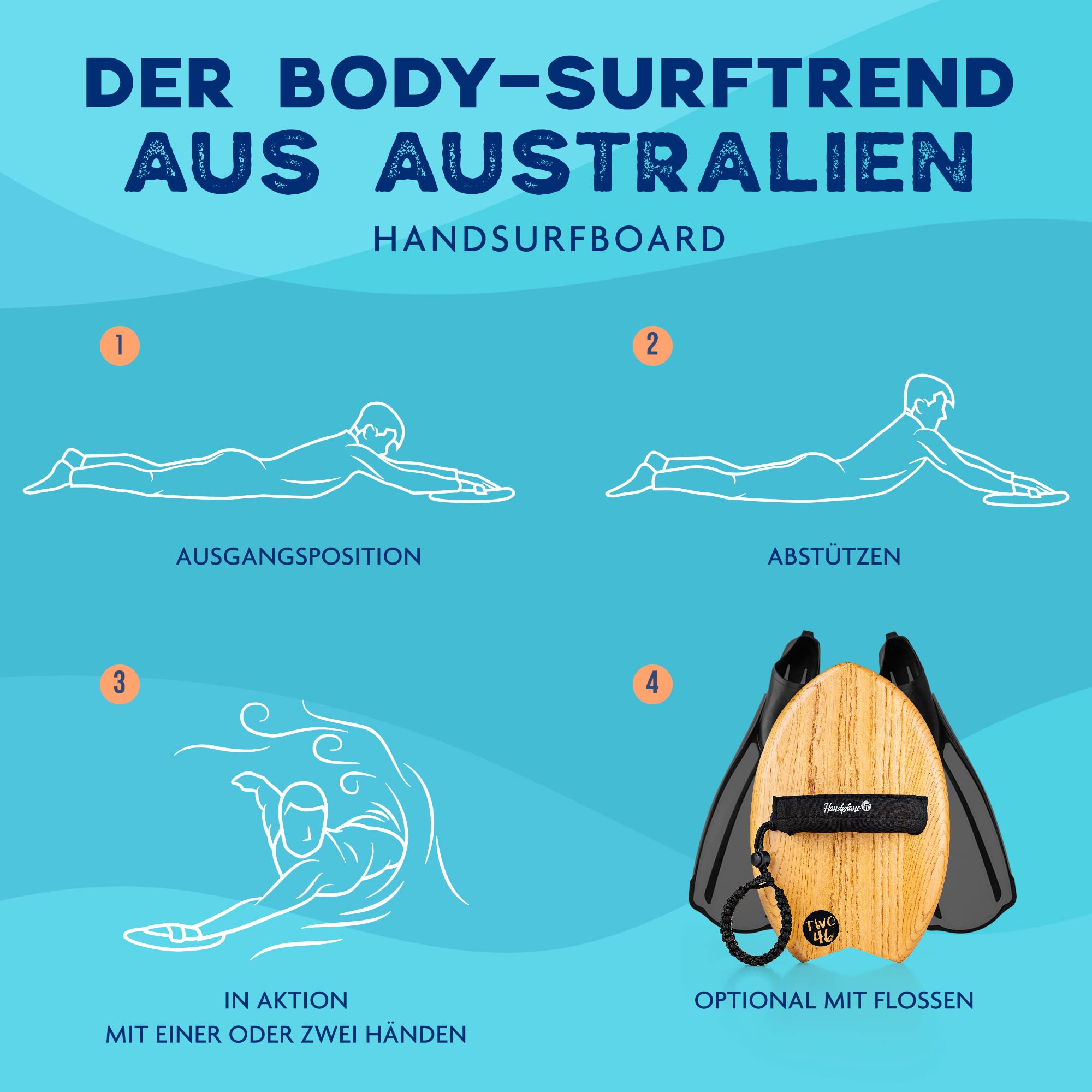 Woodsandwaves Tabla Surf de Mano - La 1ª Tabla de Surf para Llevar | Tablas de Surf Bodyboard innovadoras de Madera Dura a Prueba de roturas (Incl. Bolsa) | para Principiantes y Profesionales
