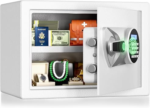 BlackSmith Biometric Home Safe with Quick Access Handle Fingerprint Lock 1.0 Cub Digital Security Safe Box with Dual Alarm for Money Jewelry Valuables White