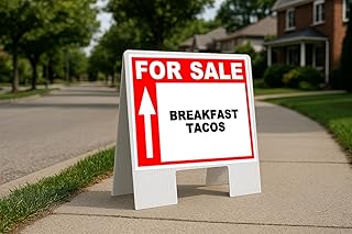 BREAKFAST TACOS For Sale white Red Black Up Arrow Folding Coroplast A-Frame with Double-Sided 23in x23in