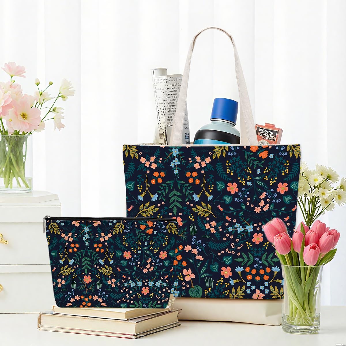 Aesthetic Floral Canvas Tote Bag Makeup Bag Set Flower Decor Gifts for Women Girls Sister Friend Nurse Vacation Travel Work Birthday Christmas Reusable Shopping Grocery Bags Travel Cosmetic Bags - Image 3