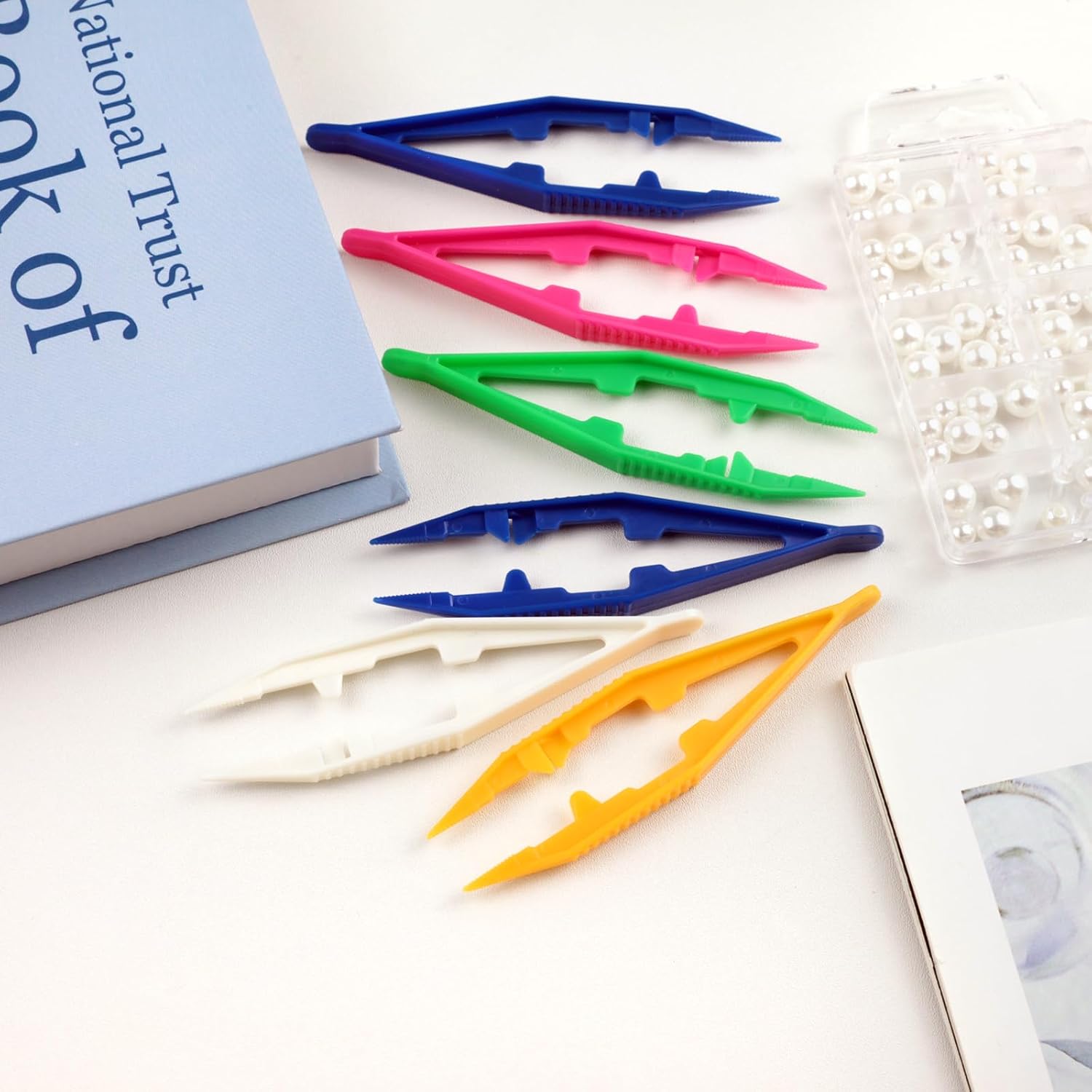 6-Piece Plastic Craft Tweezers for Kids – Non-Slip Bead & DIY Jewelry Making Tools (White, Pink, Blue, Yellow, Green)