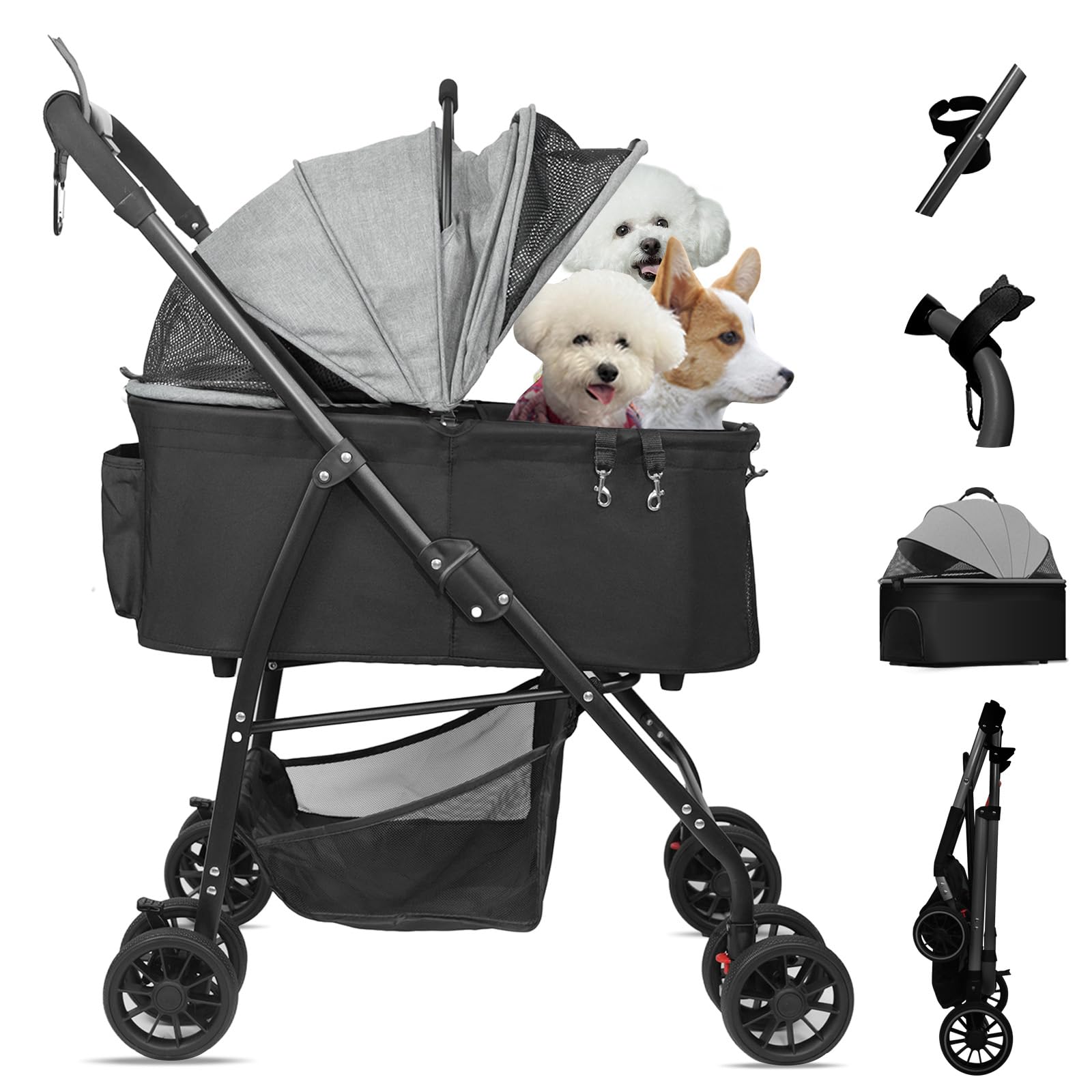 Dog Stroller for Medium Dogs, Lightweigh Pet Stroller for Small Dogs, 4 Upgraded Wheels, Dog Strollers with Cup Holder, Hook, Puppy Stroller with Detachble Spacious Cradle for Multiple Pets
