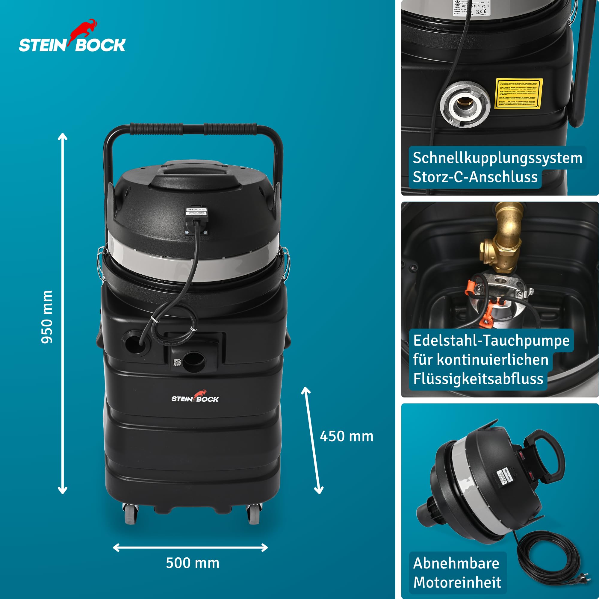 Steinbock Pumpsauger | 2.400 Watt | 90 l Kunststoffbehälter | Nasssauger mit integrierter Tauchpumpe für effizientes Abpumpen | Wasserdurchfluss-Ventil | Durchgehende Flüssigkeitsaufnahme und -abfuhr