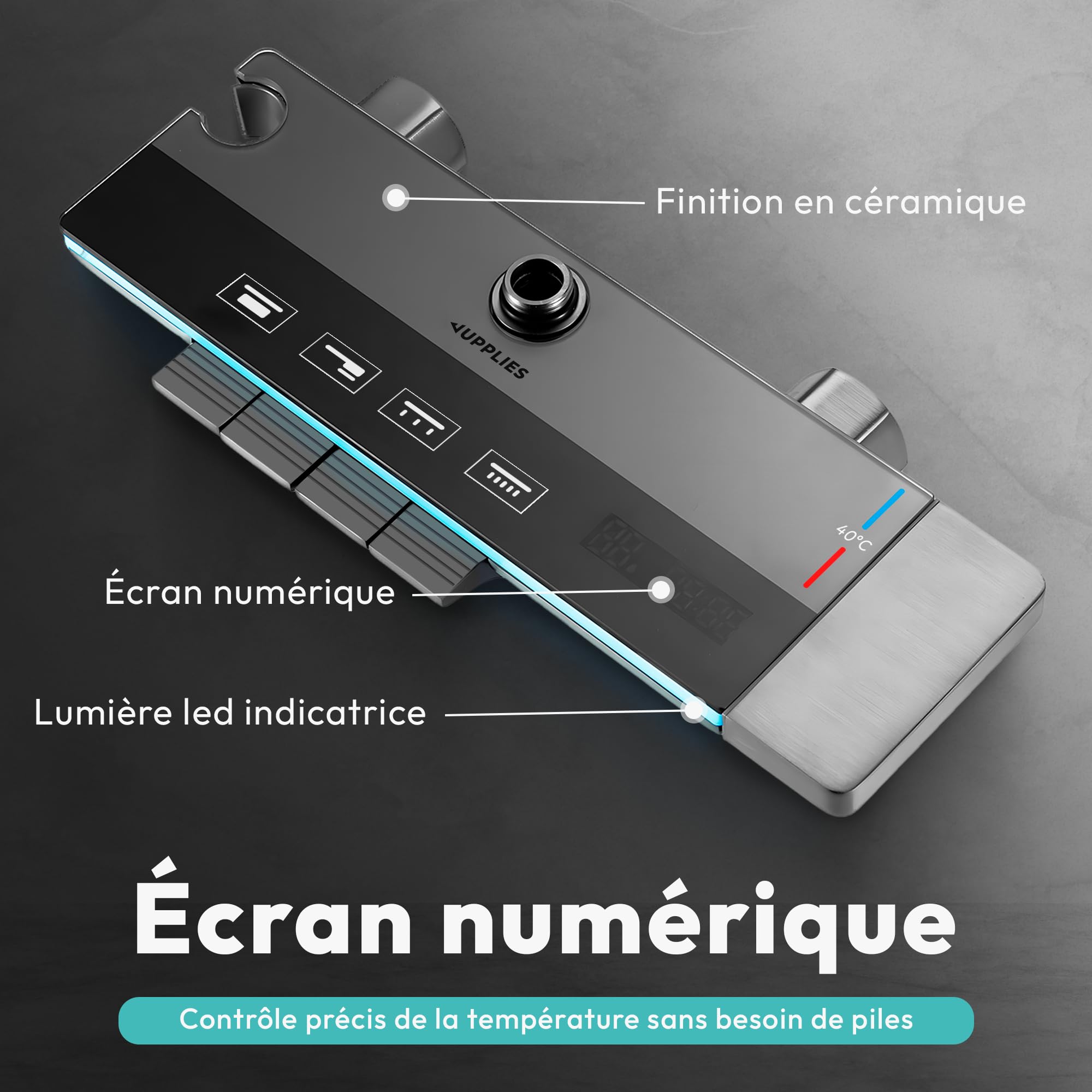 JUPPLIES Colonne de Douche Thermostatique Noir Titanium 4 en 1 – Effet Pluie 25cm | Écran LED | Mitigeur Céramique | Douchette + Cascade Baignoire | Kit Douche Complète Noir Mat